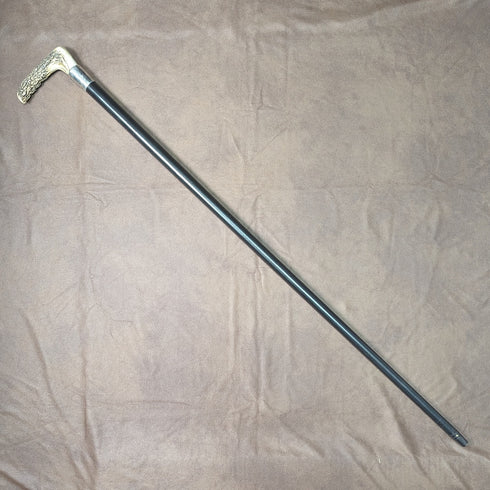 1890 British Antique Men's Cane L-shaped Antler Handle Sterling Silver Decoration Black Shaft 91cm